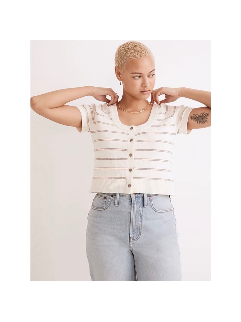 NWOT • Madewell | Linden Button-Front Short Sleeve Stripe Knit Top - Cream
